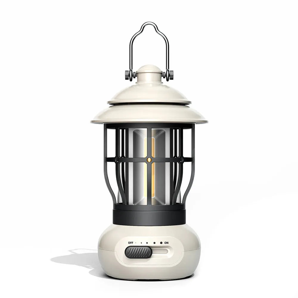Black vintage-style iron camping lantern with USB charging and LED light, for tent and campsite use.