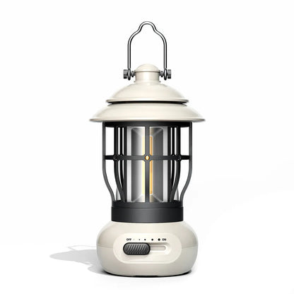 Black vintage-style iron camping lantern with USB charging and LED light, for tent and campsite use.