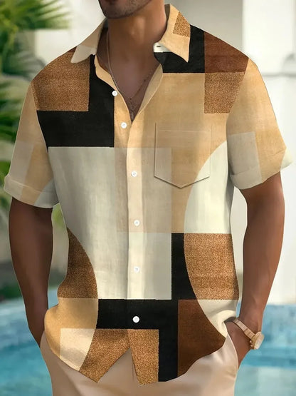 Man wearing a loose-fit short sleeve cardigan shirt with a retro geometric square pattern in contrasting colours.