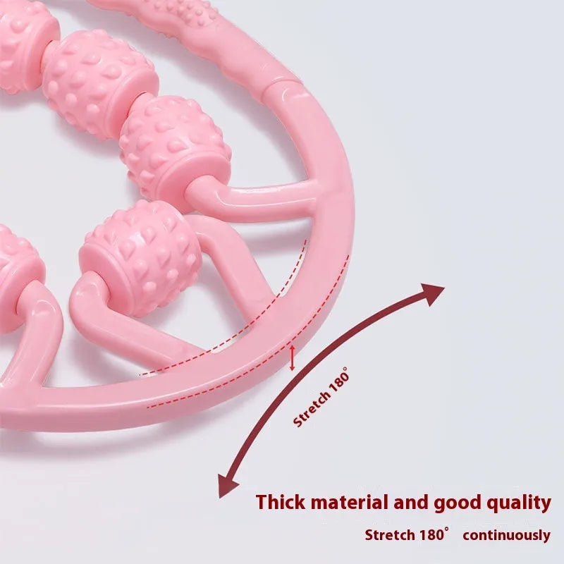 Ring clip leg massager roller with 12 wheels in macaron pink colour, showing adjustable grip and PP material construction