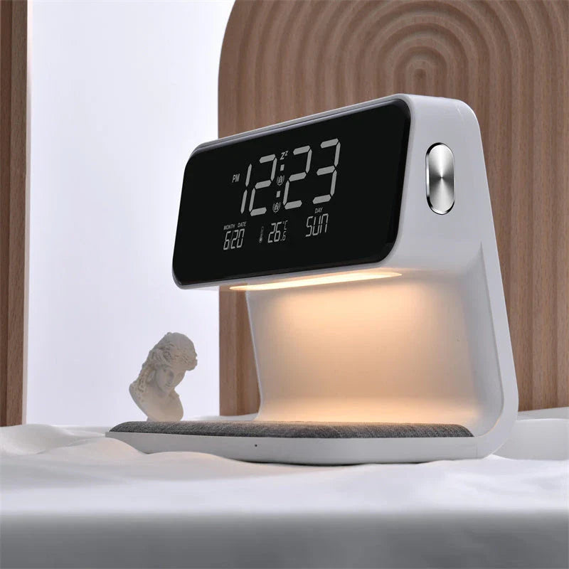 Versatile 3-in-1 bedside lamp with wireless charger, alarm clock, and adjustable LED lighting