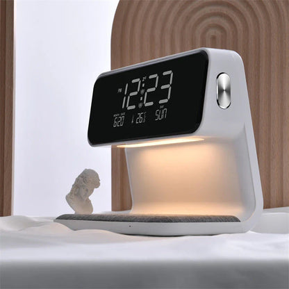 Versatile 3-in-1 bedside lamp with wireless charger, alarm clock, and adjustable LED lighting