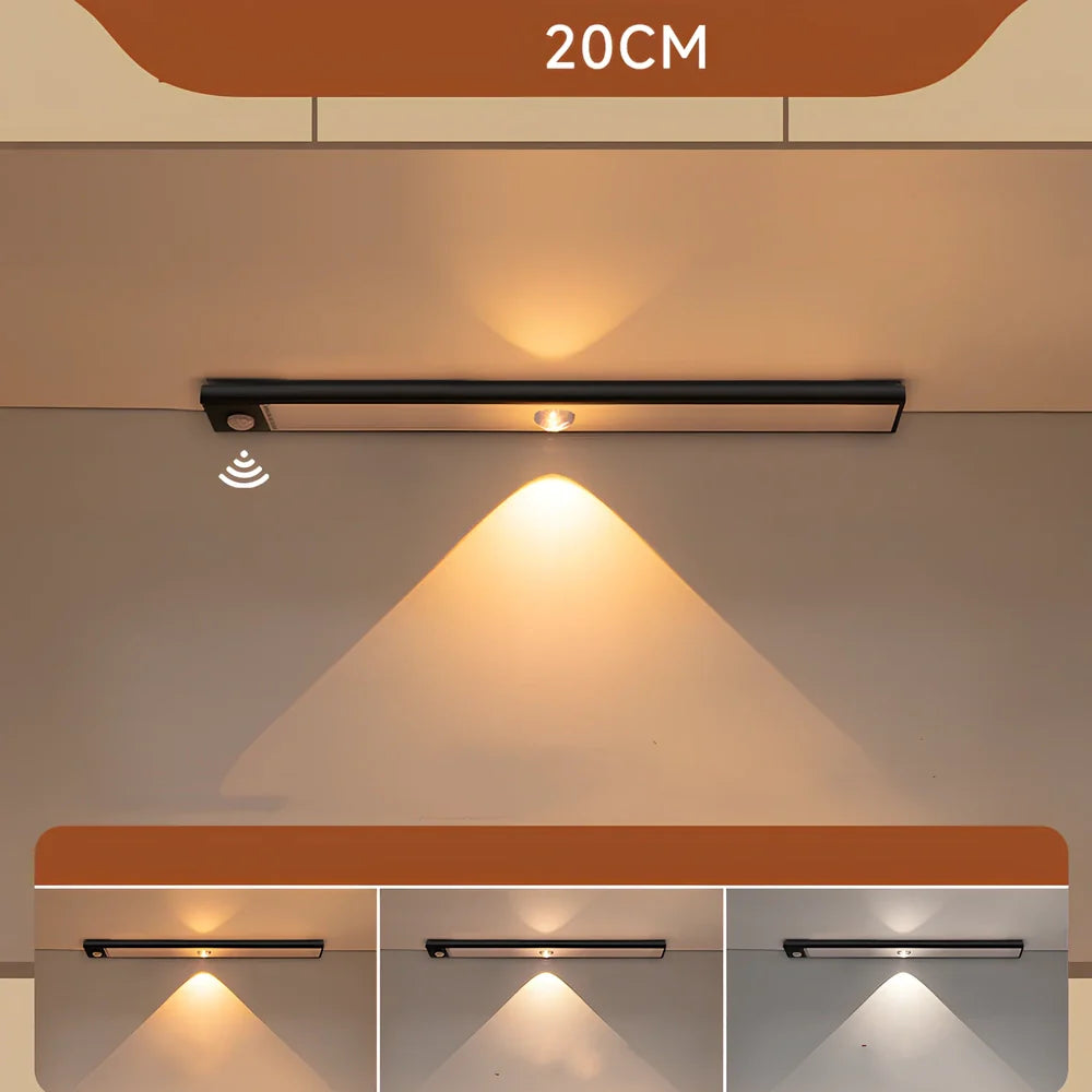 Silver LED inductive light strip, 40cm length, attached to shoe cabinet shelf with 3M adhesive