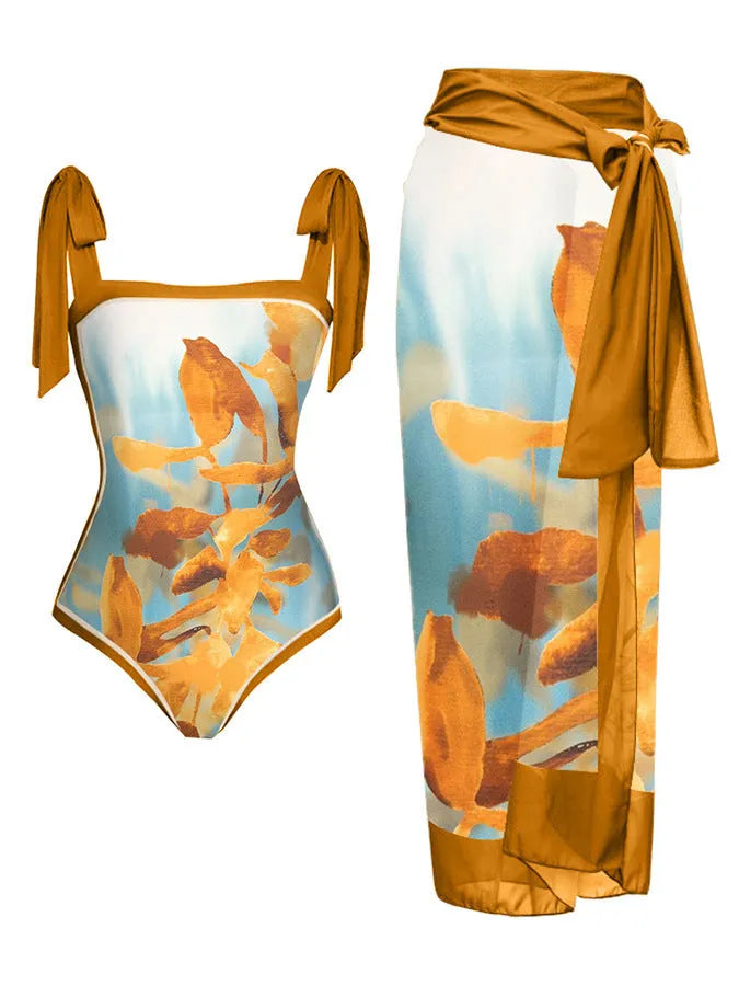 Women's floral printed two-piece swimsuit with chiffon hip skirt in multiple colour options