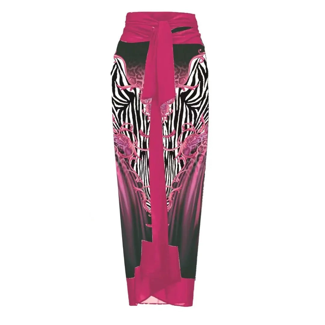 Women's polyester one-piece swimsuit in floral print with wrap skirt styling option