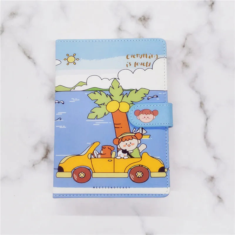 A5PU thread-bound notepad with a choice of coloured covers showing eating ice cream, reading, travelling, and outing themes.