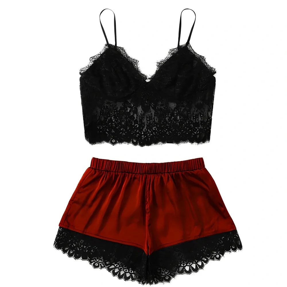 Women's split lace lingerie set in burgundy with rabbit hair fabric and stripe detailing