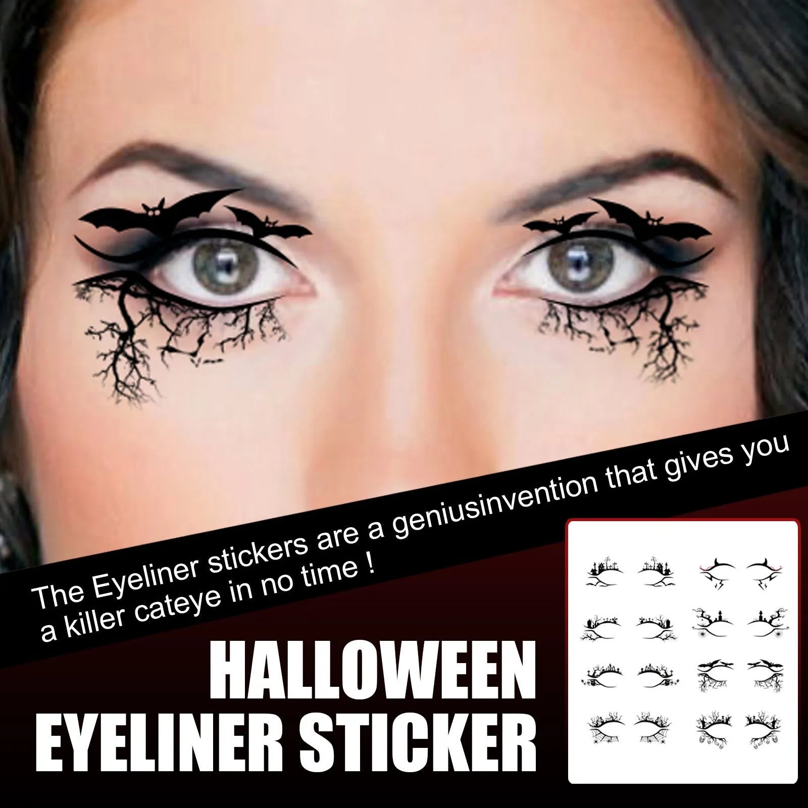 Bat and spider themed eyeliner stickers set with 8 pairs for decorative eye makeup