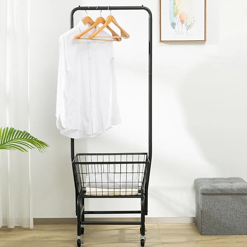 White mobile clothes storage rack with swivel casters and a single long hanging rod for shirts and trousers.