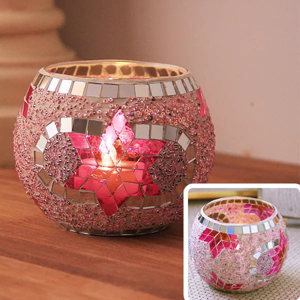 Mosaic glass candle holder in vibrant colors with elegant mosaic pattern