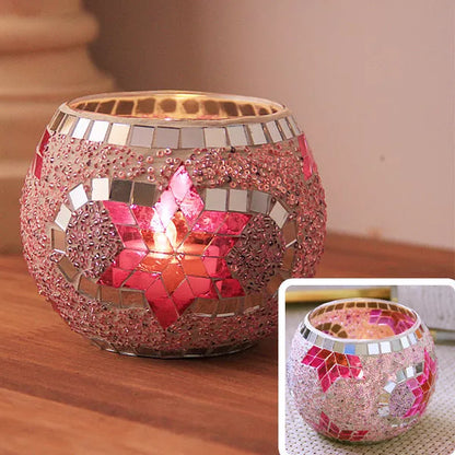 Mosaic glass candle holder in vibrant colors with elegant mosaic pattern