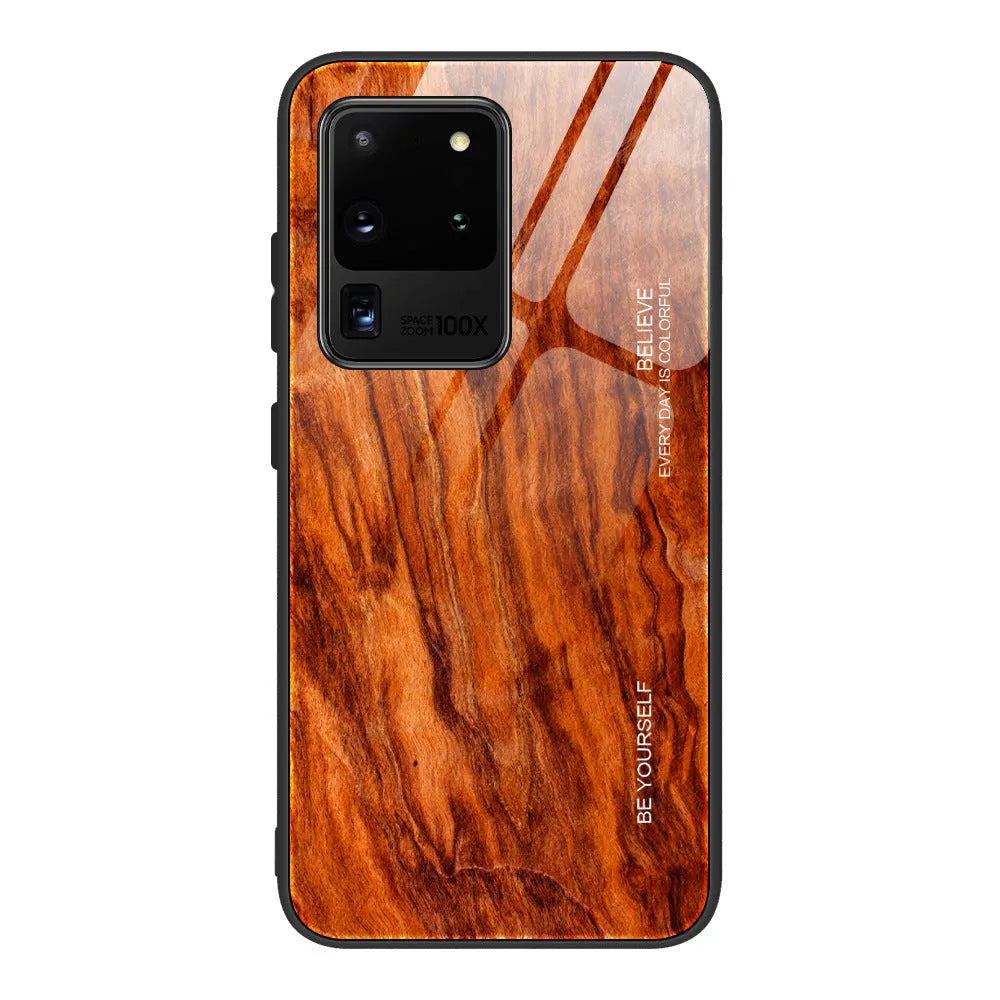 Wood grain tempered glass back cover phone case for Samsung Galaxy, simple style, colours M01 to M06