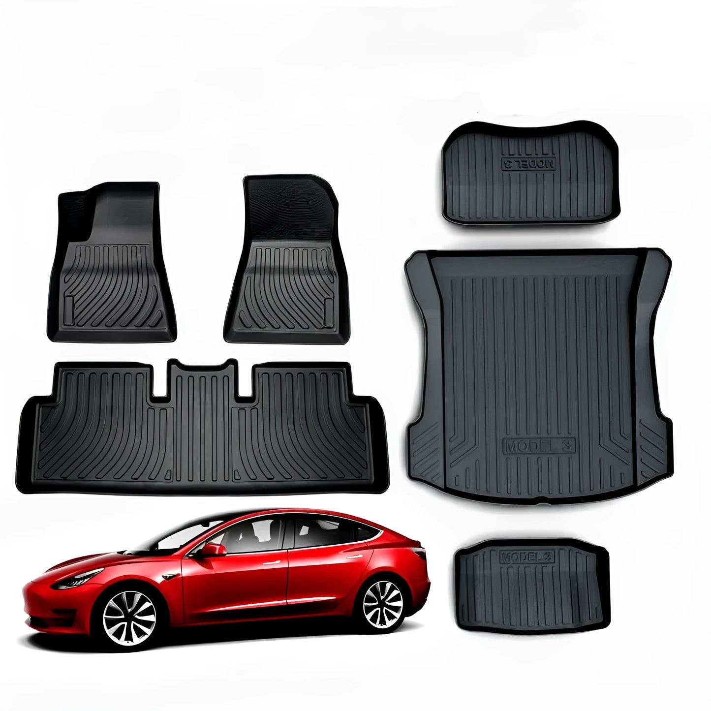 Black TPE rubber floor mats for Tesla Model 3, showing deep grooves and raised edges on driver's side.