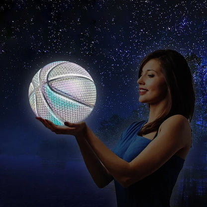 Glowing luminous basketball with mesmerizing rainbow, moon, and multicolored lighting effects for dazzling nighttime games