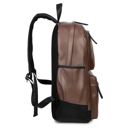 Black men's PU leather backpack with computer pocket and adjustable shoulder straps