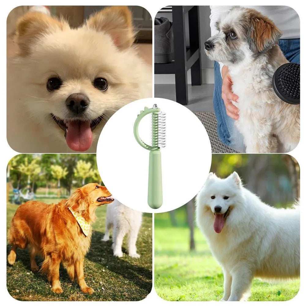 Blue dinosaur-shaped self-cleaning slicker brush for pet grooming on white background