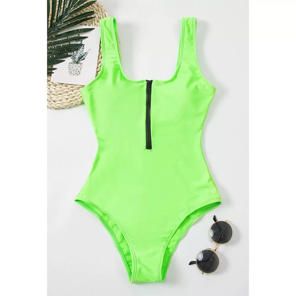 Ladies one-piece swimsuit with front zipper and printed design in various colors