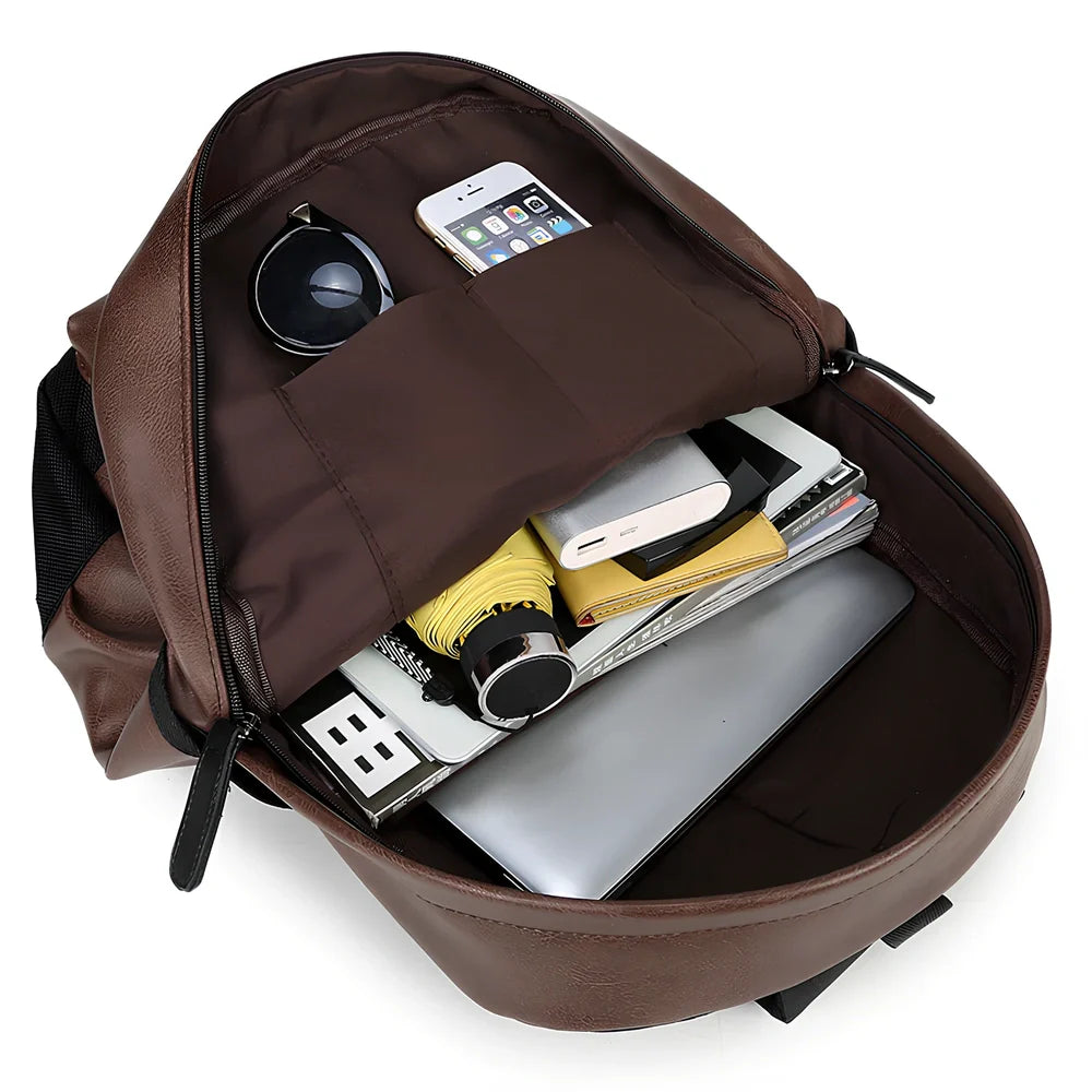 Black men's PU leather backpack with computer pocket and adjustable shoulder straps