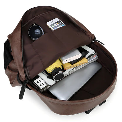 Black men's PU leather backpack with computer pocket and adjustable shoulder straps