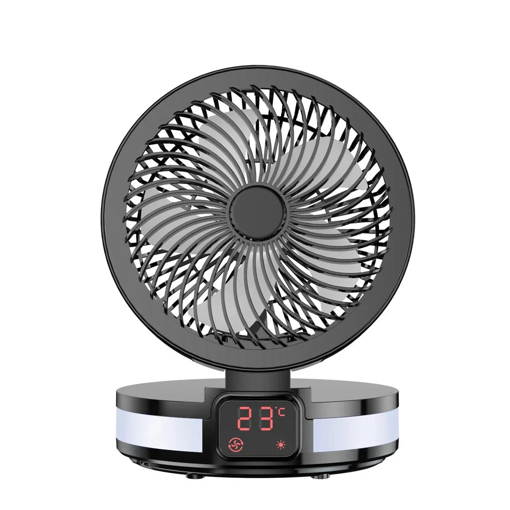 Black portable desk electric fan with foldable base, LED display, and hanging hook for versatile placement