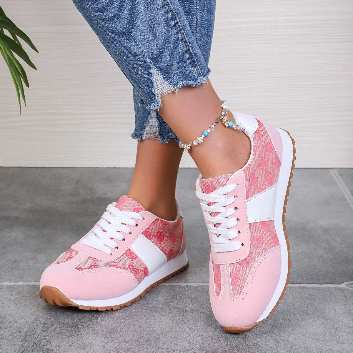 Women's khaki lace-up casual shoes with floral cross-strap design and shallow mouth