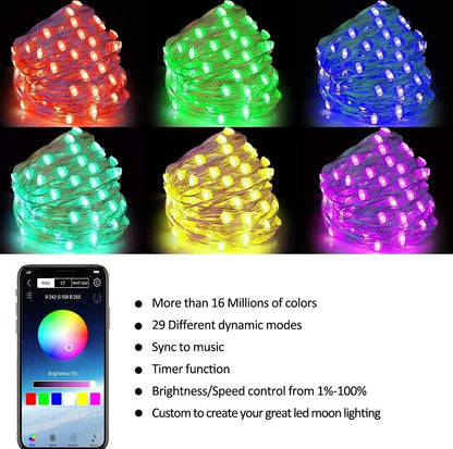 10-metre Bluetooth Christmas tree lights with remote control showing IP65 weather protection rating