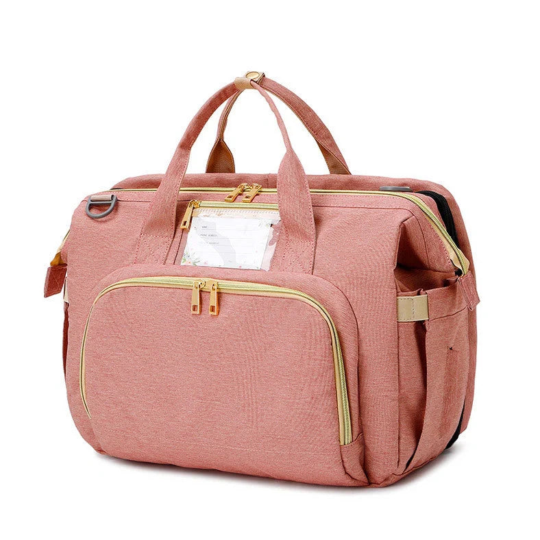 Portable folding crib mummy bag showing 40x19x32cm dimensions with Oxford cloth exterior