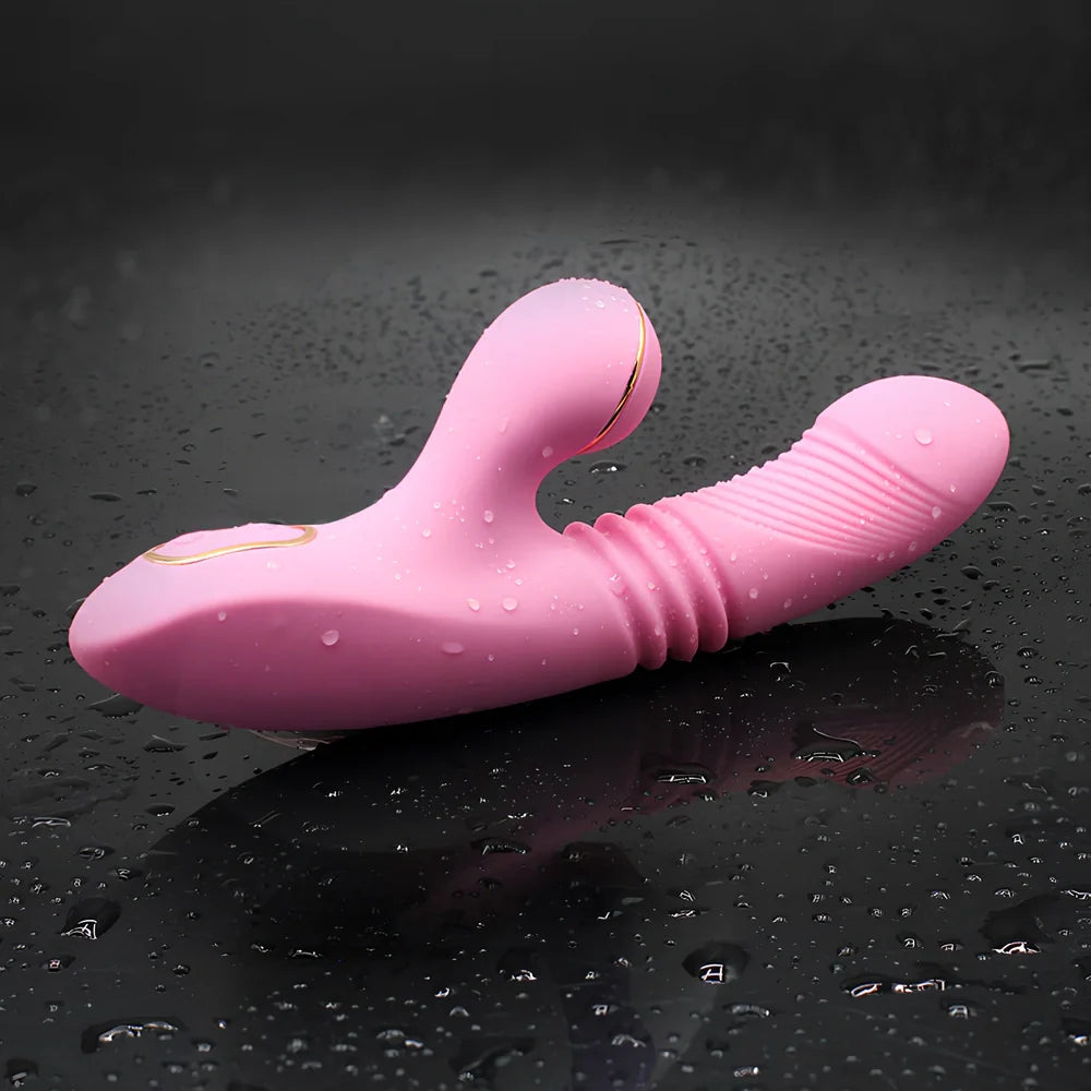 Purple automatic telescopic sucking vibrator measuring 211mm long with 38mm diameter, showing controls for 7 vibration and suction levels