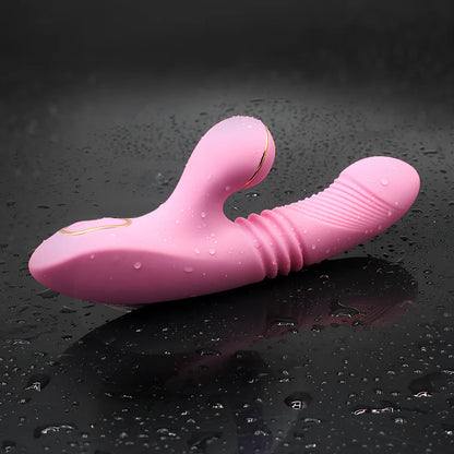 Purple automatic telescopic sucking vibrator measuring 211mm long with 38mm diameter, showing controls for 7 vibration and suction levels