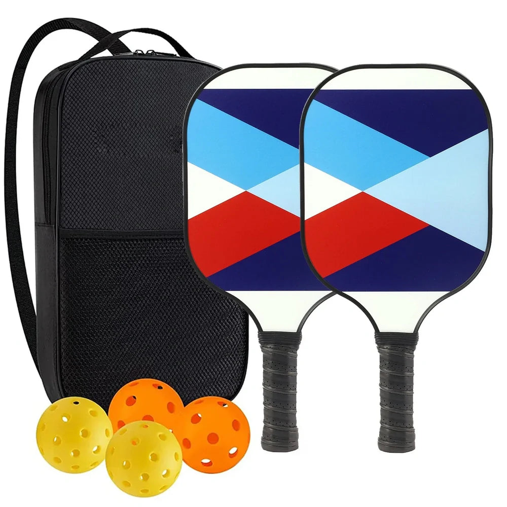 Peak Racket fibreglass squash set showing two rackets and four balls for complete playing equipment