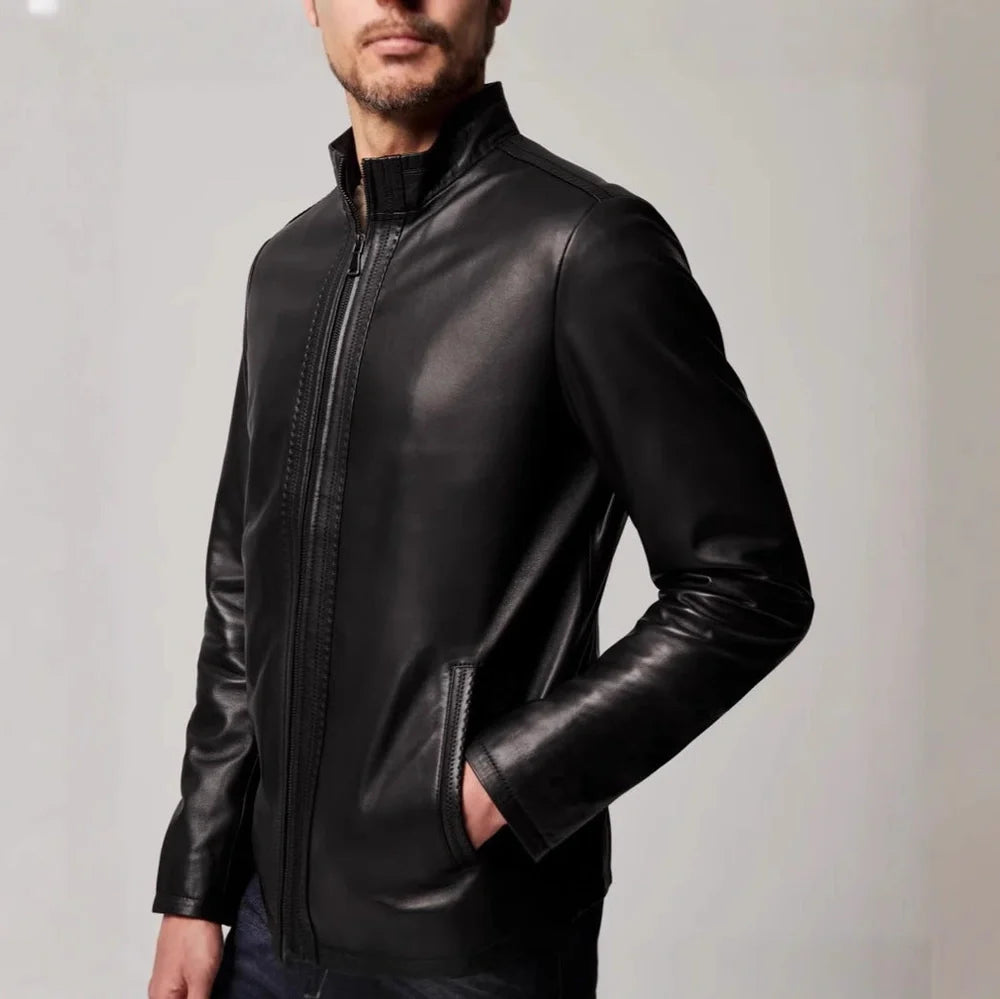 Black men's retro-style polyester jacket with straight hem design and long sleeves