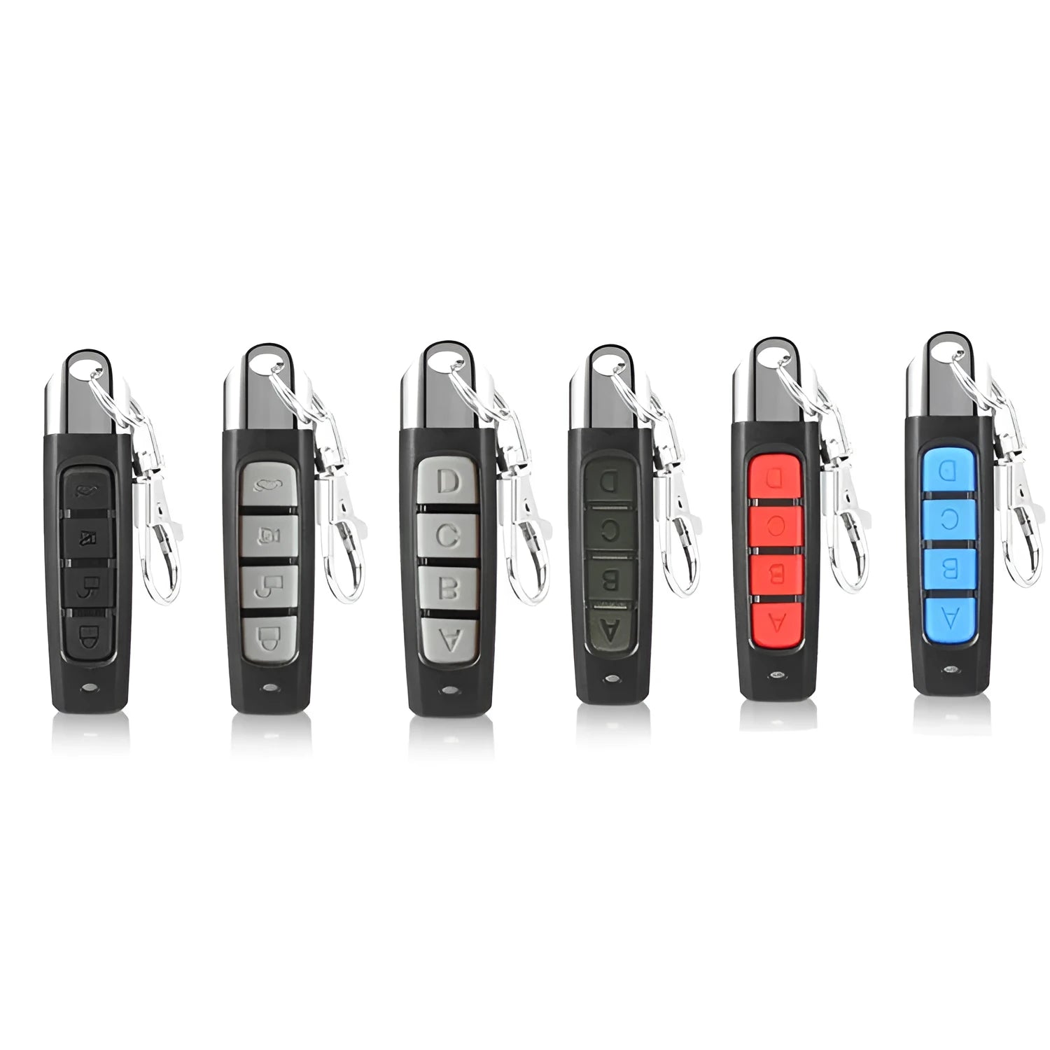 Rolling door remote control transmitter with compact black housing showing dimensions and control buttons