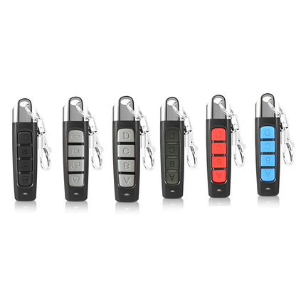Rolling door remote control transmitter with compact black housing showing dimensions and control buttons