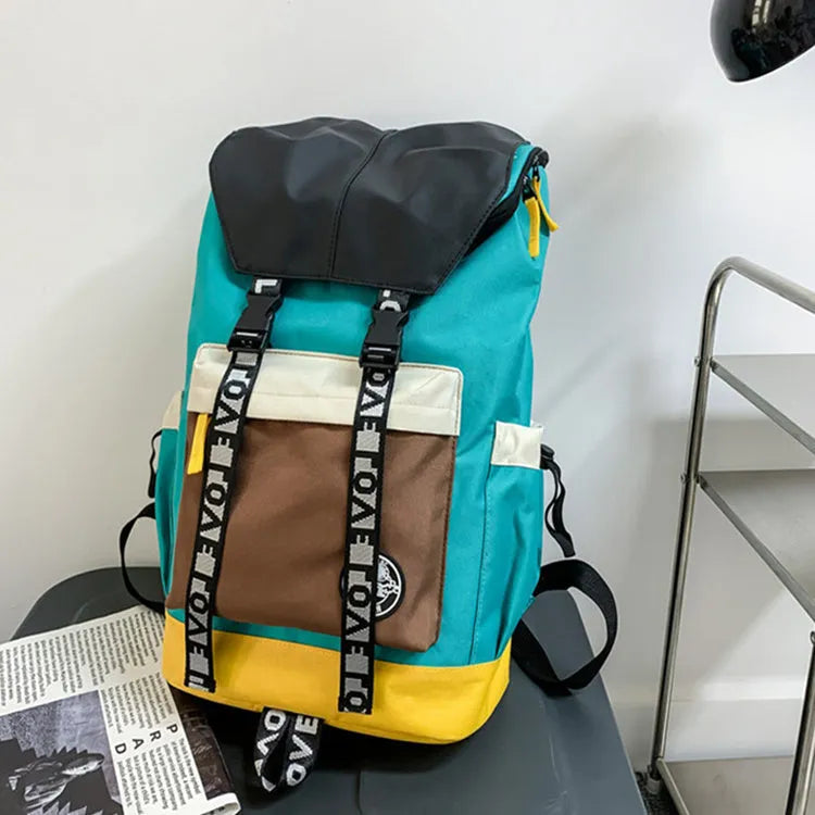 Oxford cloth backpack in black, green, or red with dimensions 32cm width, 46cm height, 17cm bottom thickness