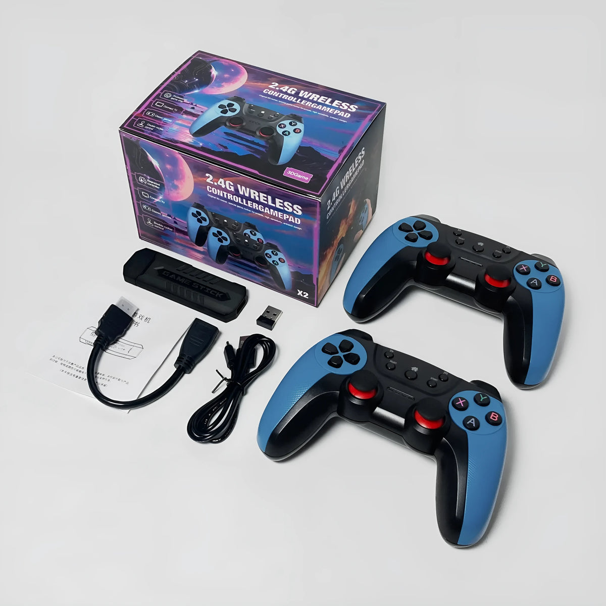 X2 Blue plastic game console with HDMI, two wireless handles and TF cards, 16x10x12cm