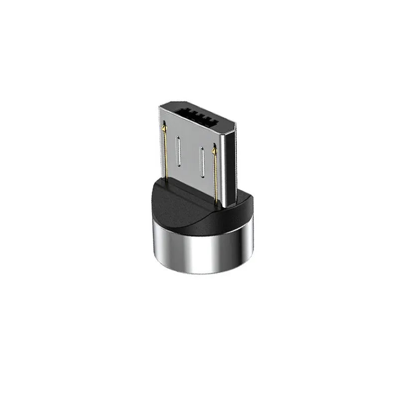Black spherical magnetic charging cable with rotating head next to iPhone and Android phones