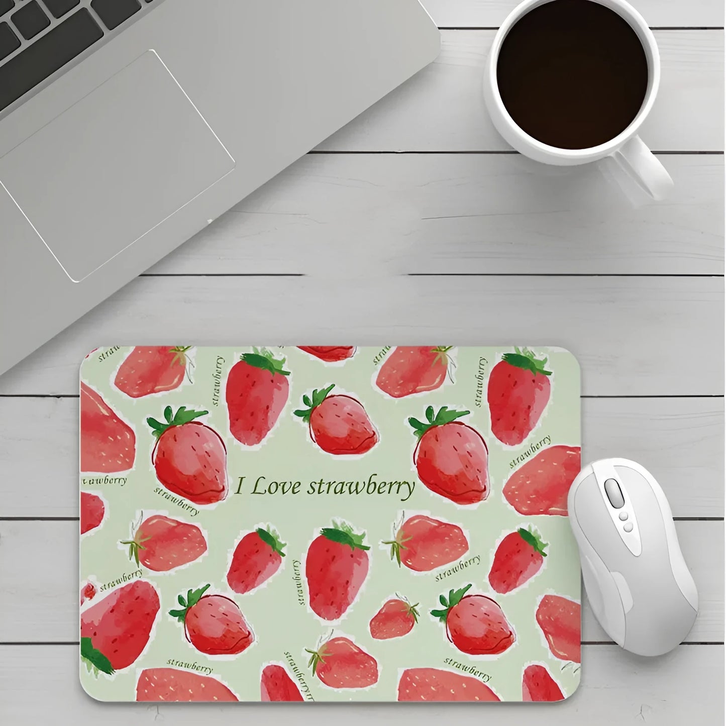 Customisable thick cartoon mouse pad with non-slip base, showing sample patterns like strawberry, cat, and whale designs.