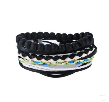 Hand-woven brown leather bracelet with wooden beads and rope detailing on a wrist.