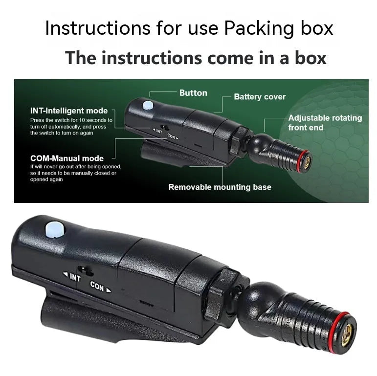 A golf putter laser aiming instrument showing different style options including a laser sight unit.