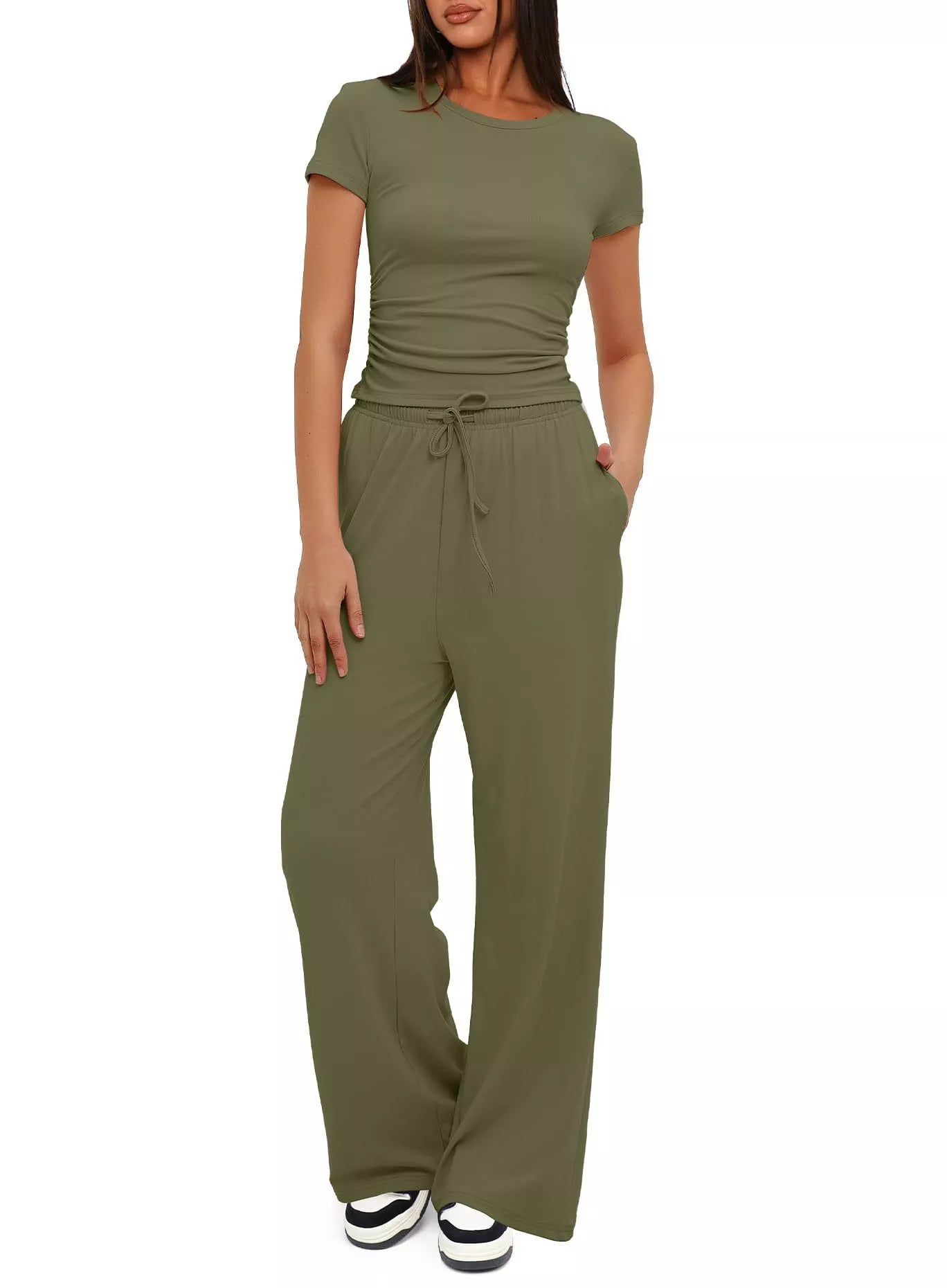 Women's 2-piece solid color yoga set with short-sleeve top and high-waisted pants