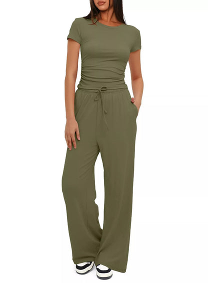 Women's 2-piece solid color yoga set with short-sleeve top and high-waisted pants