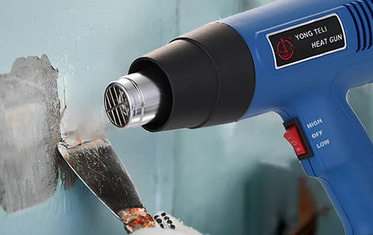 Industrial heat gun with temperature dial showing 300-500°C range, measuring 260mm long with gun mouth attachment