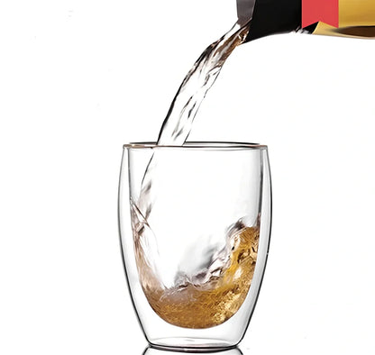 Clear double-layer glass coffee cup with Chinese-style design showing insulating air gap between walls