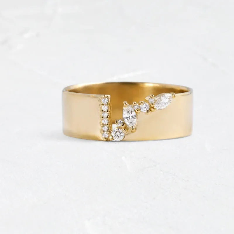 Women's copper ring with electroplated gold finish and shining zircon accents on finger