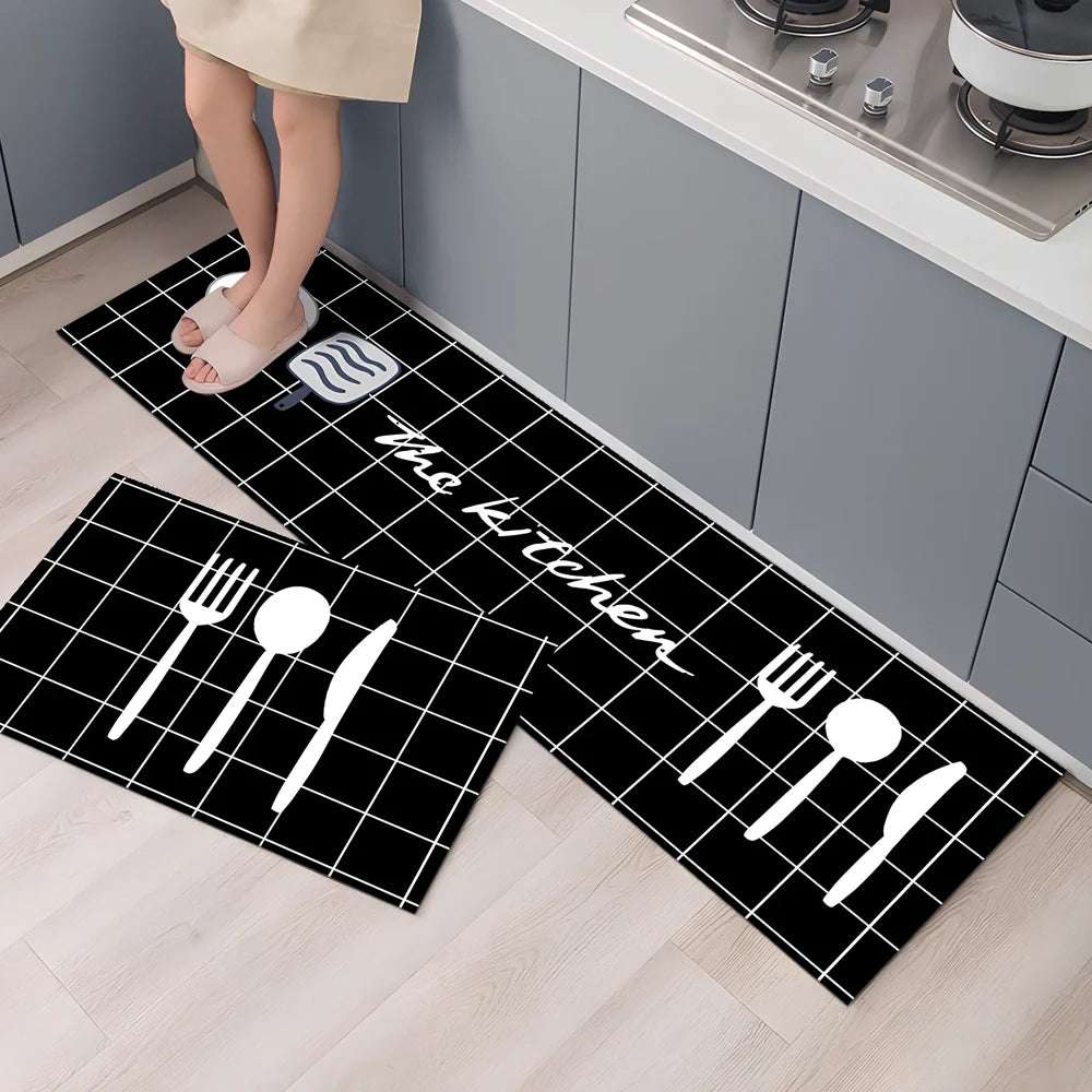 Rectangular polyester kitchen floor mat with machine-woven texture in modern design