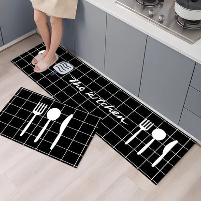 Rectangular polyester kitchen floor mat with machine-woven texture in modern design