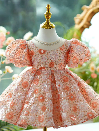 Orange children's princess dress with puffy grenadine sleeves, full-length design for dress-up play