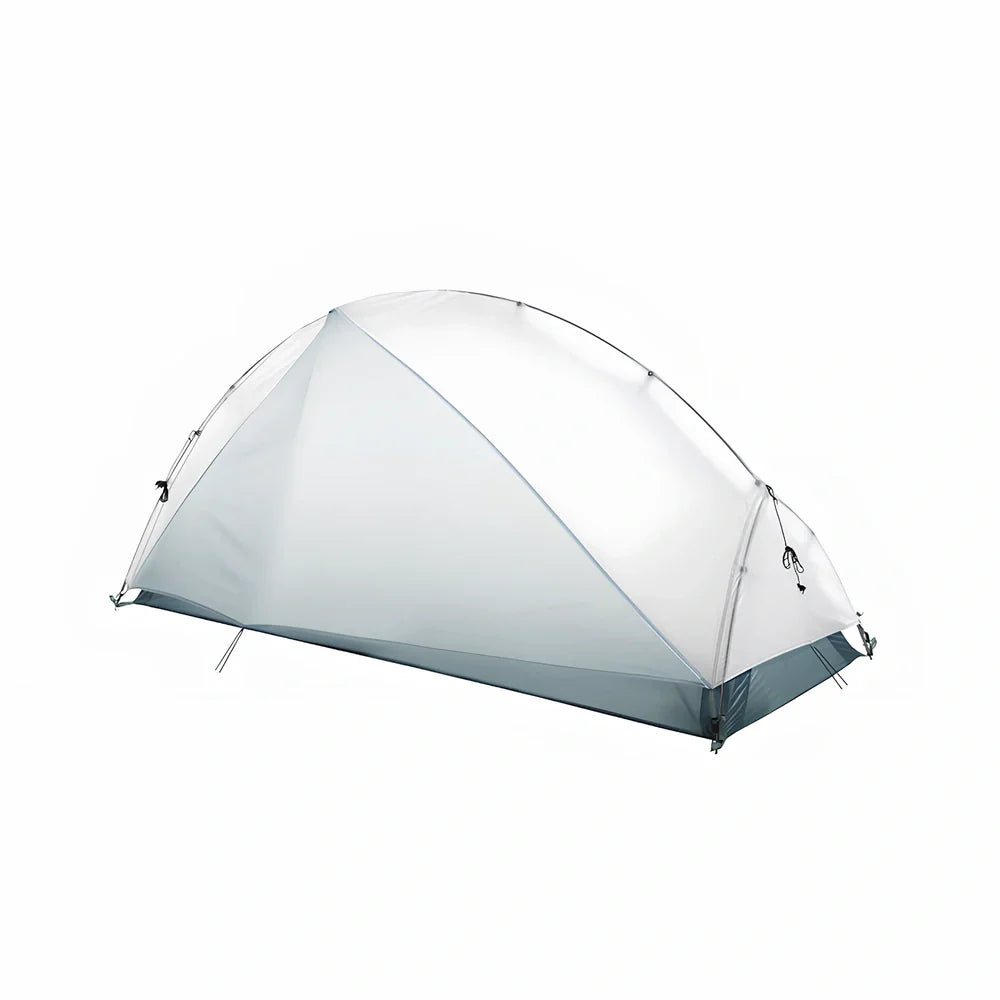 White double-layer camping tent with aluminium frame, side ventilation windows, and waterproof bottom
