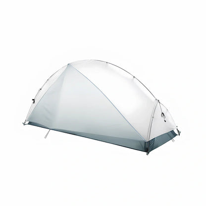 White double-layer camping tent with aluminium frame, side ventilation windows, and waterproof bottom