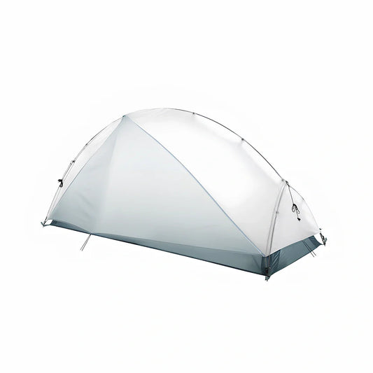 White double-layer camping tent with aluminium frame, side ventilation windows, and waterproof bottom